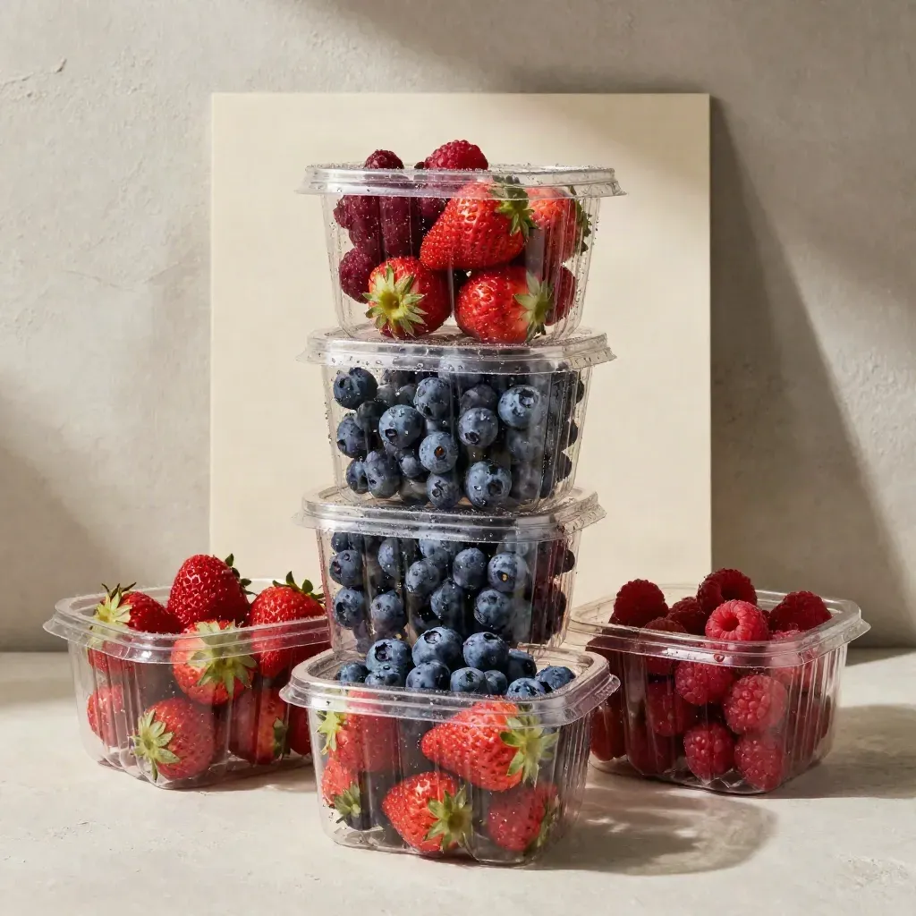 Three berry punnets with strawberries, blueberries and raspberries floating over pale plaster.