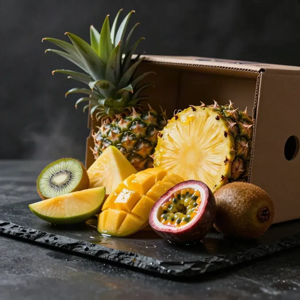Open tropical fruit box with mango, pineapple, kiwi and passion fruit on dark stone.