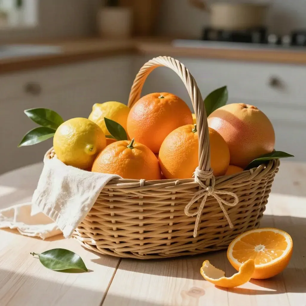 Citrus gift basket with oranges and grapefruit beside cream cloth on pale wood