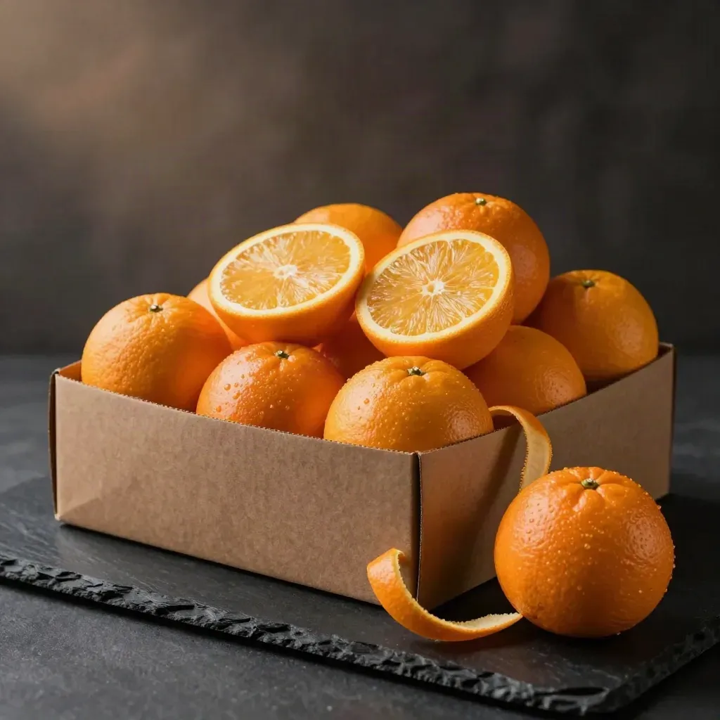 Orange snack box with twelve oranges, cut halves, and one rolling fruit on a dark slate surface.