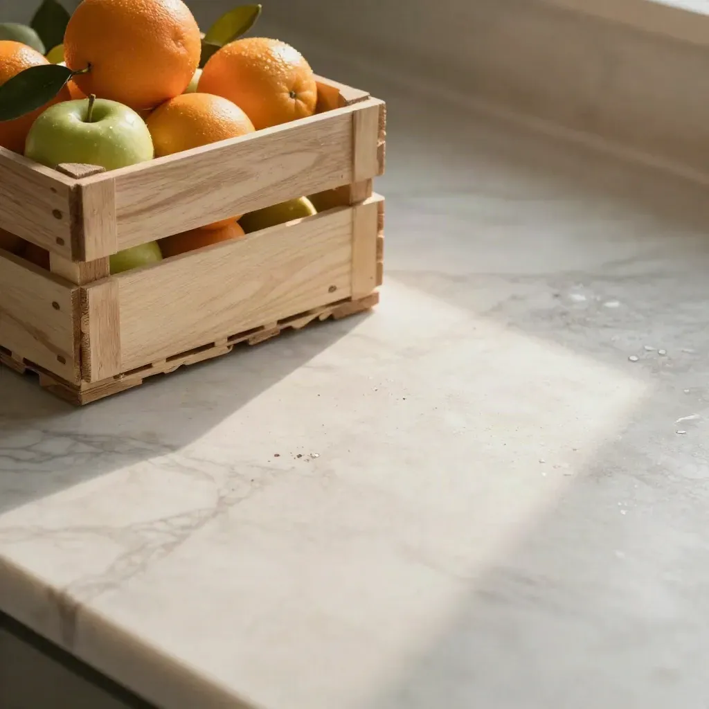 Pale marble surface with seasonal fruit crates and citrus leaves in the upper left.