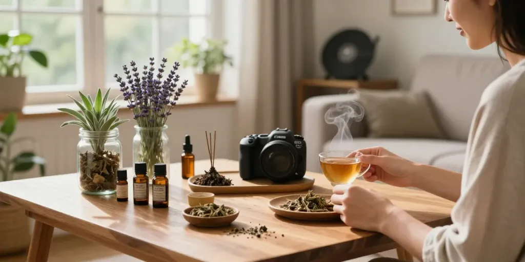 Creating herbal incense blends at home, showcasing relaxing atmosphere and natural ingredients for herbal incense sales.